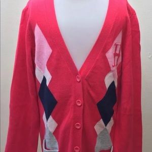 2/$20 Tommy Hilfiger Girl Cardigan Argyle Sweater Hot Pink L 12-14 Cotton